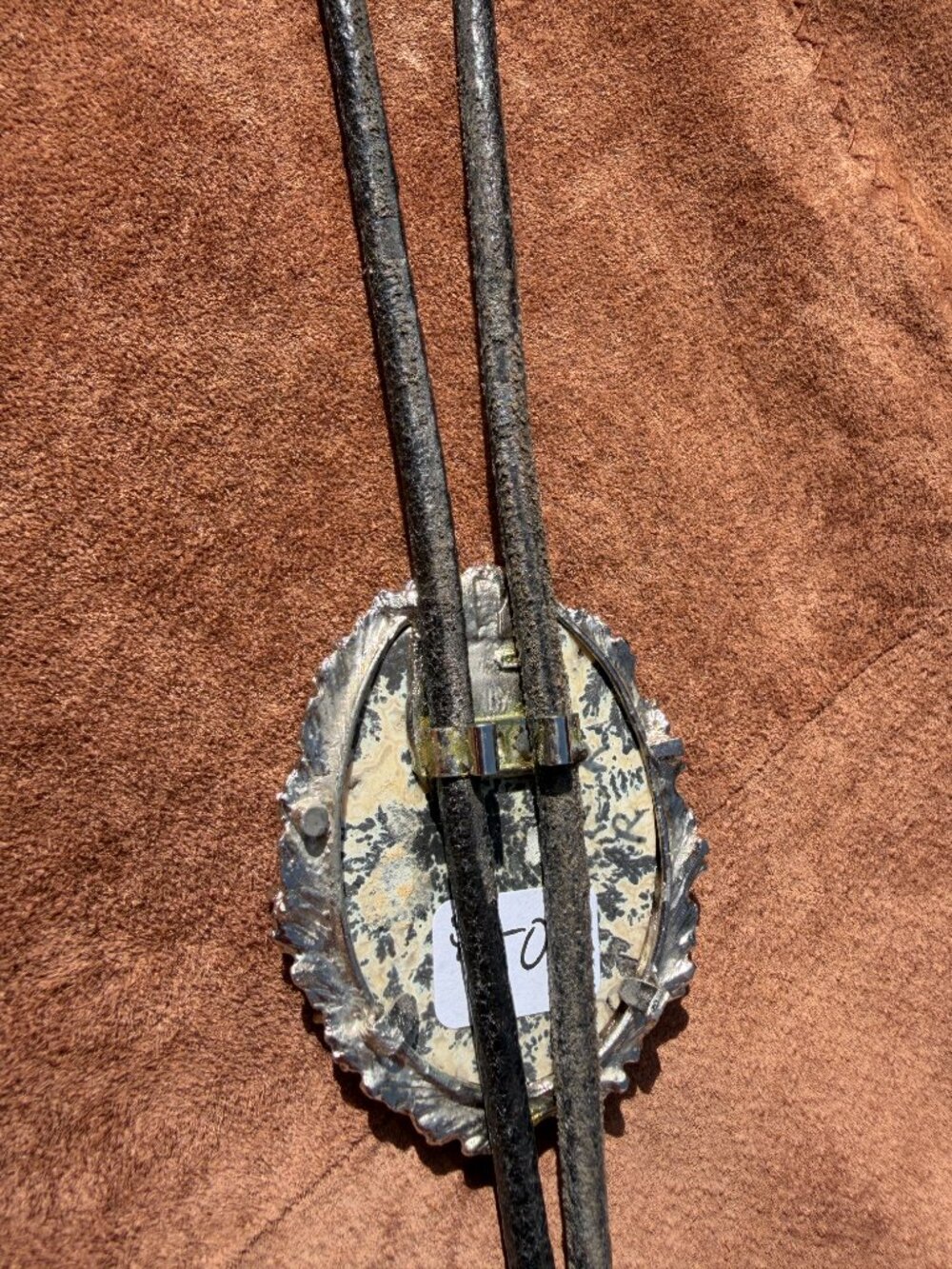 Western leather bolo tie cream & black patterned stone cabochon silver tone NFR - Picture 5 of 5